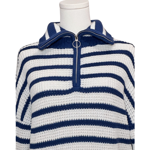 Pink Rose Blue White Striped Funnel Zip Collar Sweater Large Preppy Nautical - Picture 2 of 8